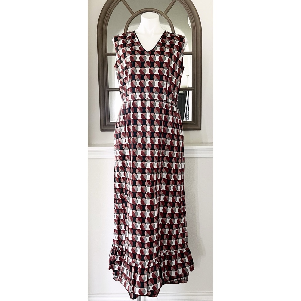 MARNI Geometric Print Tiered Dress w/Pockets & Leather Trim, Size 40 EXCELLENT!